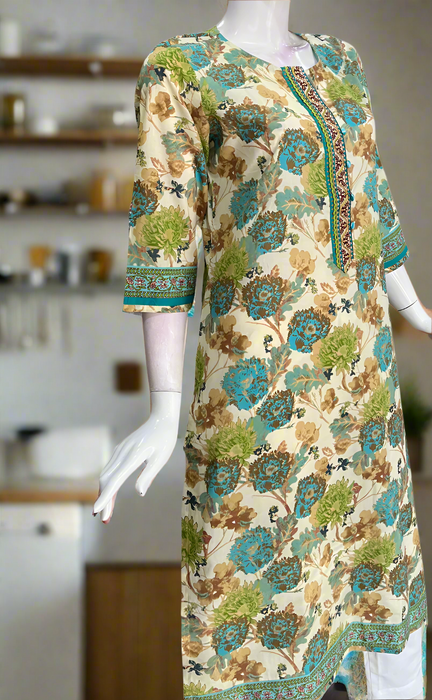 Cream/Sea Green Garden Jaipuri Cotton Kurti. Pure Versatile Cotton. | Laces and Frills