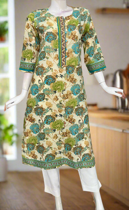 Cream/Sea Green Garden Jaipuri Cotton Kurti. Pure Versatile Cotton. | Laces and Frills