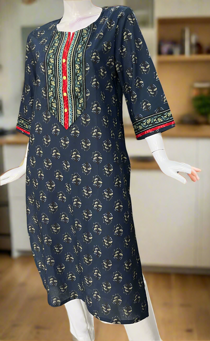 Navy Blue Motif Jaipuri Cotton Kurti. Pure Versatile Cotton. | Laces and Frills