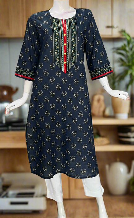 Navy Blue Motif Jaipuri Cotton Kurti. Pure Versatile Cotton. | Laces and Frills