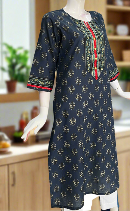 Navy Blue Motif Jaipuri Cotton Kurti. Pure Versatile Cotton. | Laces and Frills