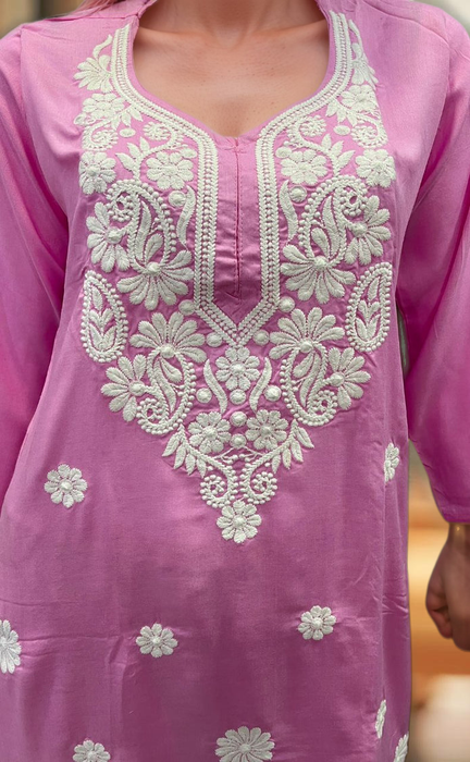 Baby Pink Machine Chikankari Kurti Set. Flowy Rayon Fabric. | Laces and Frills