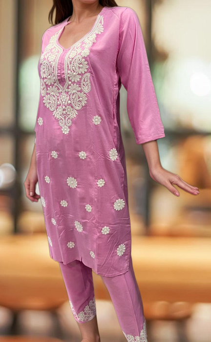 Baby Pink Machine Chikankari Kurti Set. Flowy Rayon Fabric. | Laces and Frills