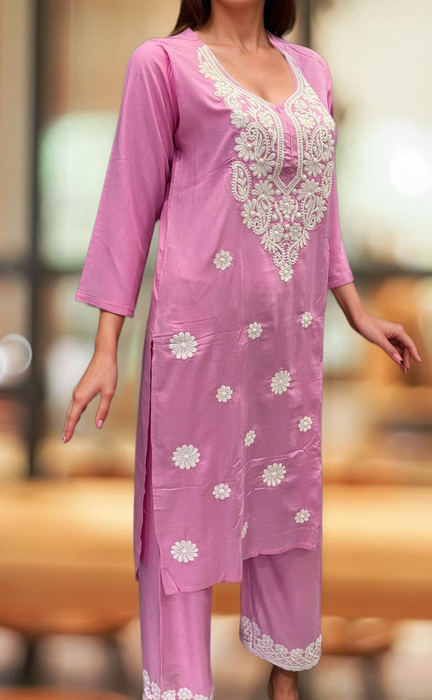 Baby Pink Machine Chikankari Kurti Set. Flowy Rayon Fabric. | Laces and Frills