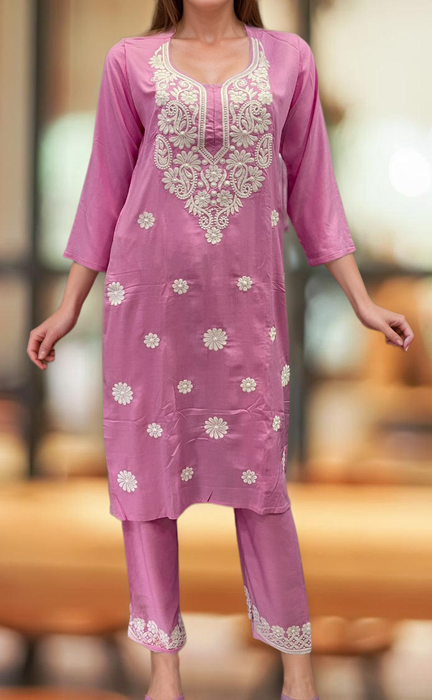 Baby Pink Machine Chikankari Kurti Set. Flowy Rayon Fabric. | Laces and Frills