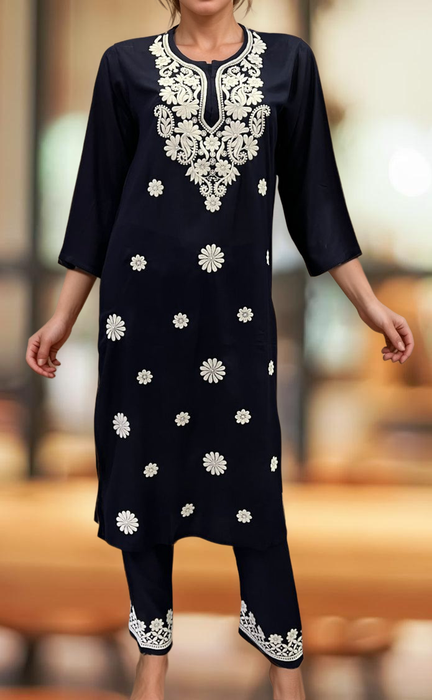 Navy Blue Machine Chikankari Kurti Set. Flowy Rayon Fabric. | Laces and Frills