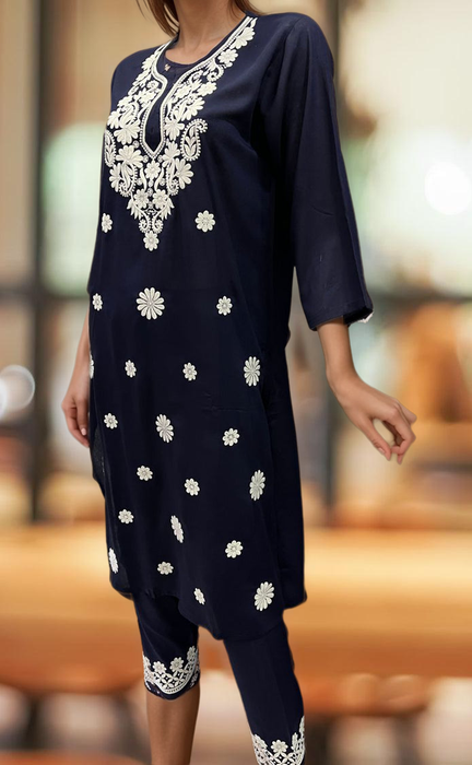 Navy Blue Machine Chikankari Kurti Set. Flowy Rayon Fabric. | Laces and Frills