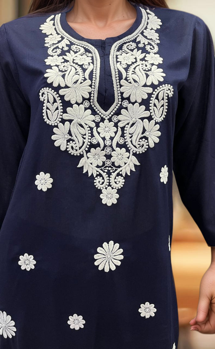 Navy Blue Machine Chikankari Kurti Set. Flowy Rayon Fabric. | Laces and Frills