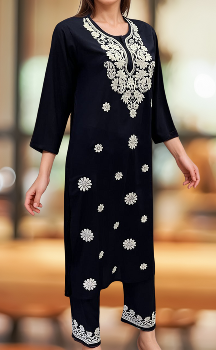 Navy Blue Machine Chikankari Kurti Set. Flowy Rayon Fabric. | Laces and Frills