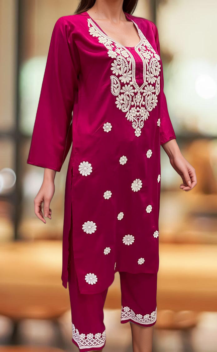 Rani Pink Machine Chikankari Kurti Set. Flowy Rayon Fabric. | Laces and Frills