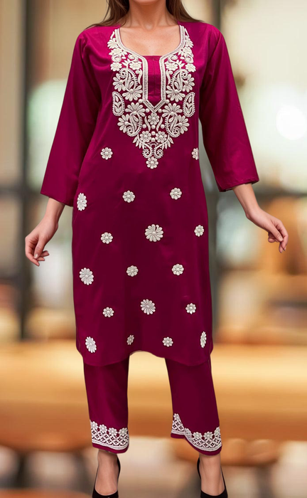 Rani Pink Machine Chikankari Kurti Set. Flowy Rayon Fabric. | Laces and Frills