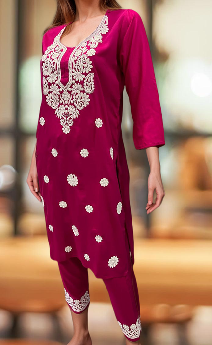 Rani Pink Machine Chikankari Kurti Set. Flowy Rayon Fabric. | Laces and Frills