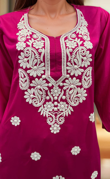 Rani Pink Machine Chikankari Kurti Set. Flowy Rayon Fabric. | Laces and Frills