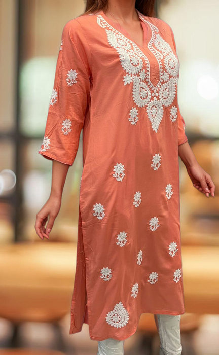 Peach Chikankari Kurti. Flowy Rayon Fabric. | Laces and Frills