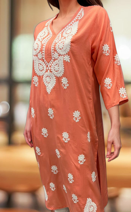 Peach Chikankari Kurti. Flowy Rayon Fabric. | Laces and Frills