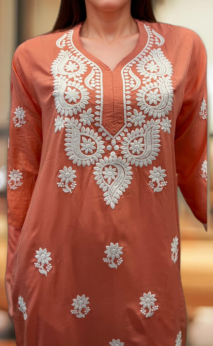 Peach Chikankari Kurti. Flowy Rayon Fabric. | Laces and Frills