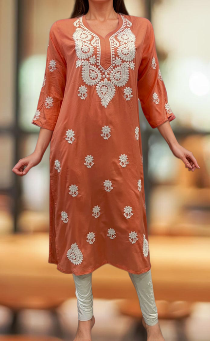 Peach Chikankari Kurti. Flowy Rayon Fabric. | Laces and Frills