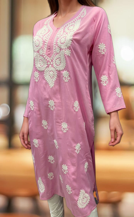 Baby Pink Chikankari Kurti. Flowy Rayon Fabric. | Laces and Frills