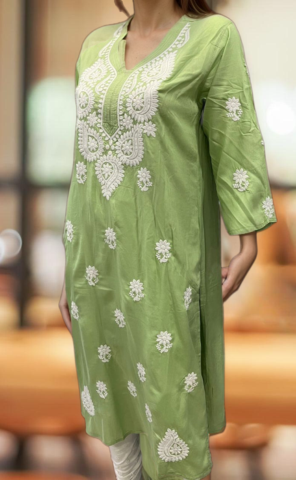 Pista Green Chikankari Kurti. Flowy Rayon Fabric. | Laces and Frills