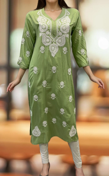 Pista Green Chikankari Kurti. Flowy Rayon Fabric. | Laces and Frills