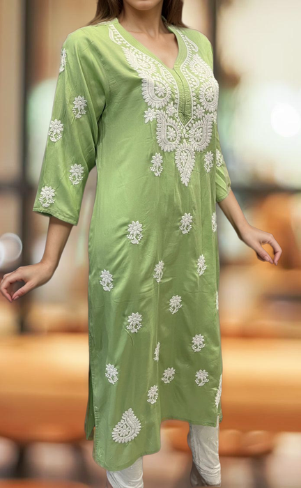 Pista Green Chikankari Kurti. Flowy Rayon Fabric. | Laces and Frills