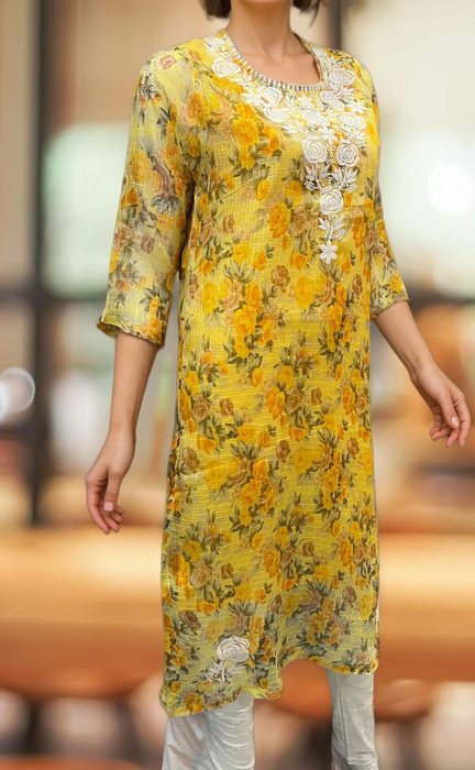 Yellow Chikankari Kurti. Kota Doria Fabric. | Laces and Frills