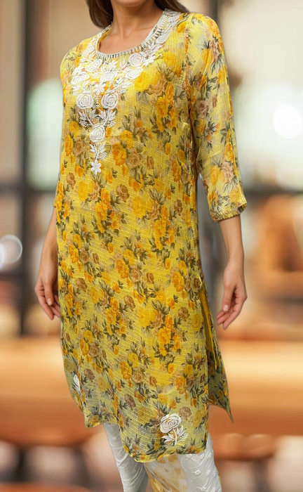 Yellow Chikankari Kurti. Kota Doria Fabric. | Laces and Frills