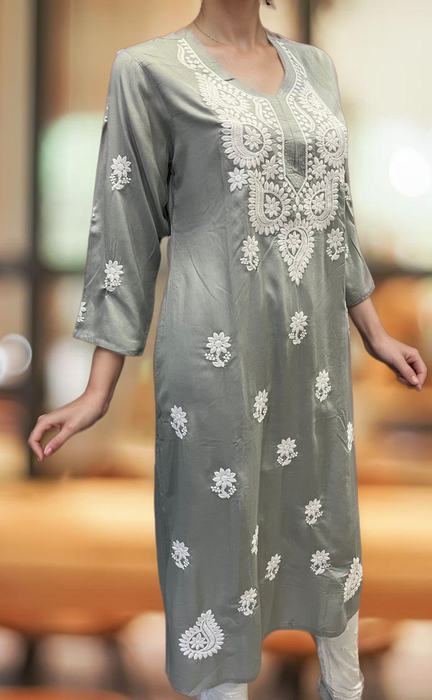 Grey Chikankari Kurti. Flowy Rayon Fabric. | Laces and Frills