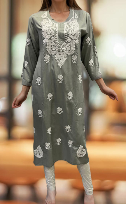 Grey Chikankari Kurti. Flowy Rayon Fabric. | Laces and Frills