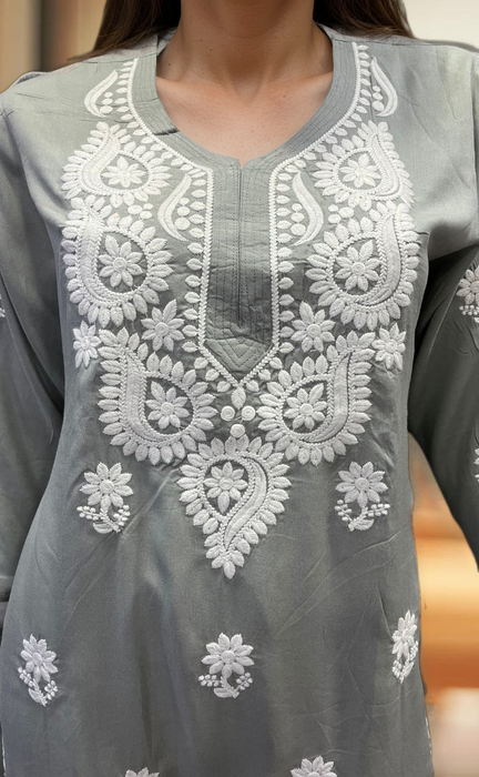 Grey Chikankari Kurti. Flowy Rayon Fabric. | Laces and Frills