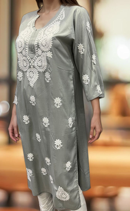 Grey Chikankari Kurti. Flowy Rayon Fabric. | Laces and Frills