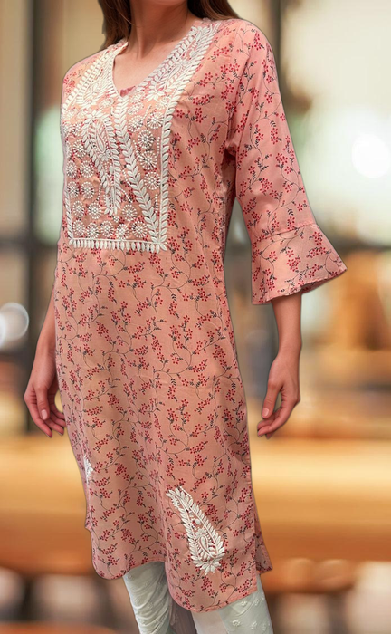 Pink Machine Chikankari Kurti.  Versatile Cotton Fabric. | Laces and Frills