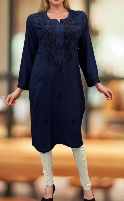 Navy Blue Chikankari Kurti. Flowy Rayon Fabric. | Laces and Frills