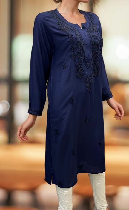 Navy Blue Chikankari Kurti. Flowy Rayon Fabric. | Laces and Frills