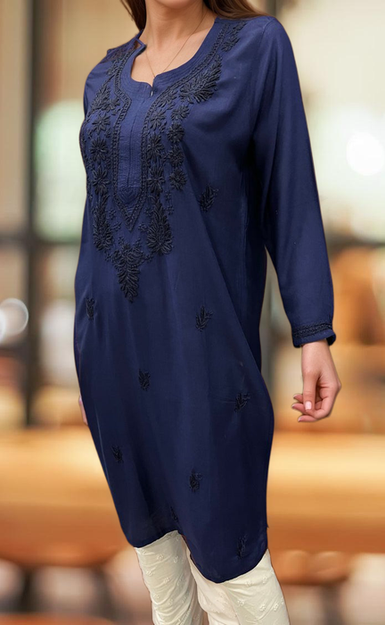 Navy Blue Chikankari Kurti. Flowy Rayon Fabric. | Laces and Frills