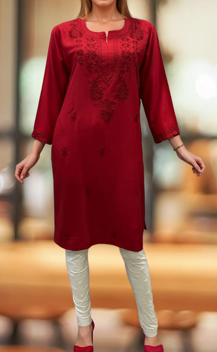 Red Chikankari Kurti. Flowy Rayon Fabric. | Laces and Frills