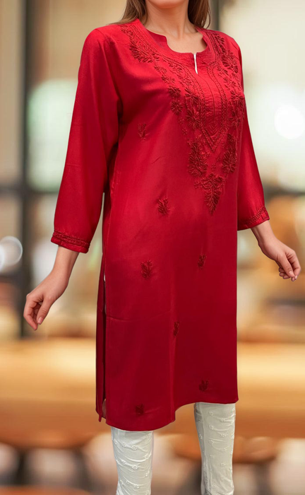 Red Chikankari Kurti. Flowy Rayon Fabric. | Laces and Frills