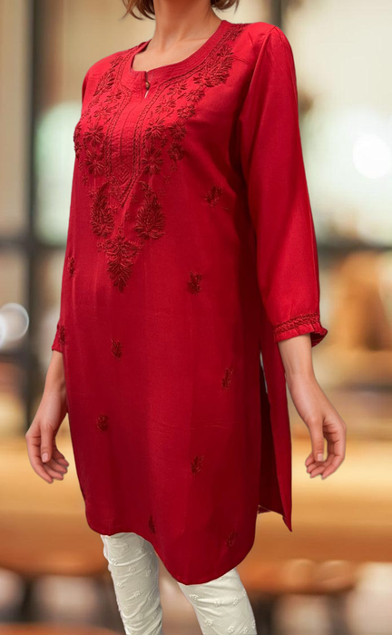 Red Chikankari Kurti. Flowy Rayon Fabric. | Laces and Frills