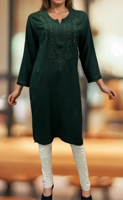 Bottle Green Chikankari Kurti. Flowy Rayon Fabric. | Laces and Frills