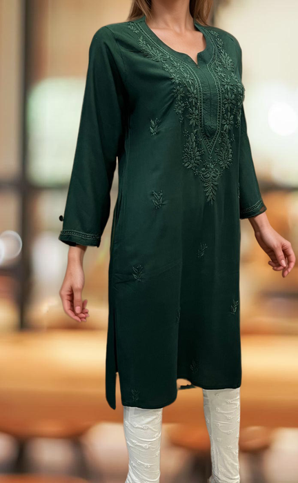 Bottle Green Chikankari Kurti. Flowy Rayon Fabric. | Laces and Frills