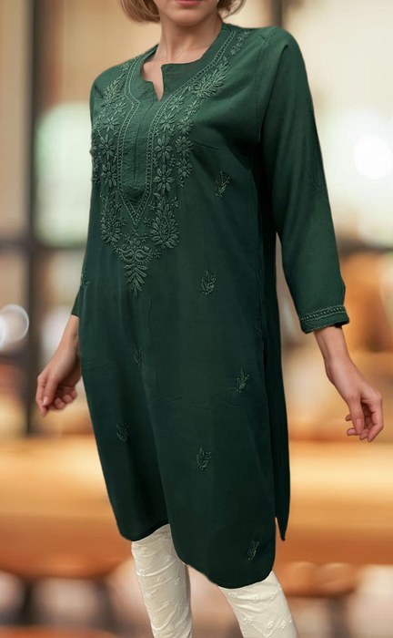 Bottle Green Chikankari Kurti. Flowy Rayon Fabric. | Laces and Frills