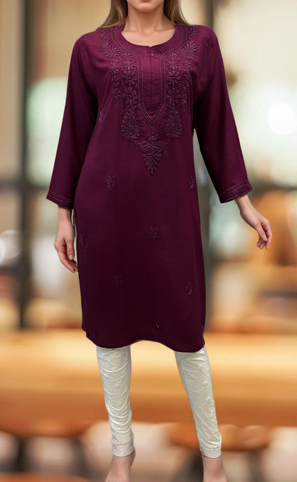 Beetroot Pink Chikankari Kurti. Flowy Rayon Fabric. | Laces and Frills