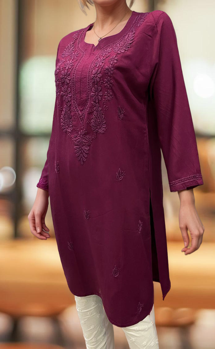 Beetroot Pink Chikankari Kurti. Flowy Rayon Fabric. | Laces and Frills