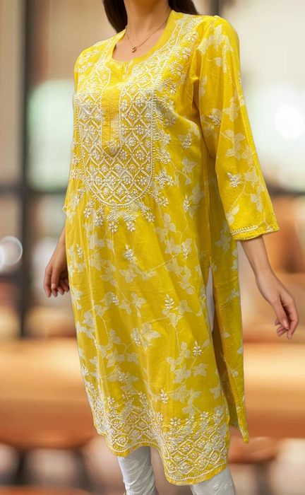 Yellow Machine Chikankari Kurti.  Versatile Cotton Fabric. | Laces and Frills