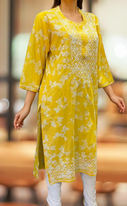 Yellow Machine Chikankari Kurti.  Versatile Cotton Fabric. | Laces and Frills