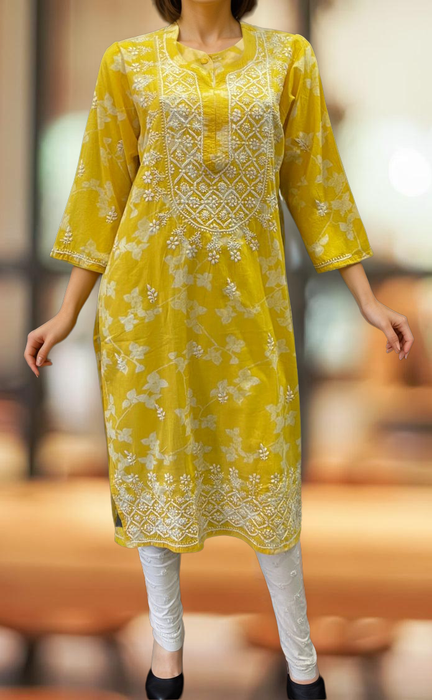 Yellow Machine Chikankari Kurti.  Versatile Cotton Fabric. | Laces and Frills