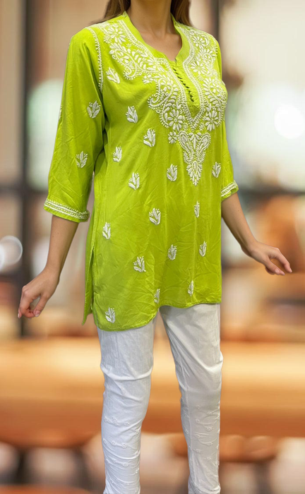 Green Chikankari Short Kurti. Flowy Rayon Fabric. | Laces and Frills