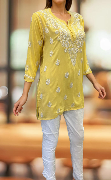 Yellow Chikankari Short Kurti. Flowy Rayon Fabric. | Laces and Frills