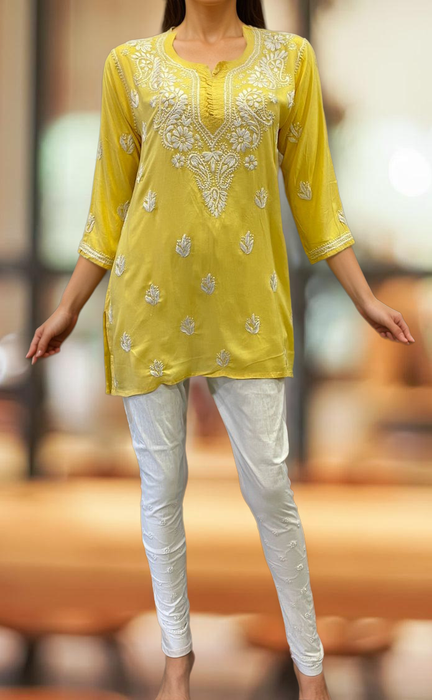 Yellow Chikankari Short Kurti. Flowy Rayon Fabric. | Laces and Frills