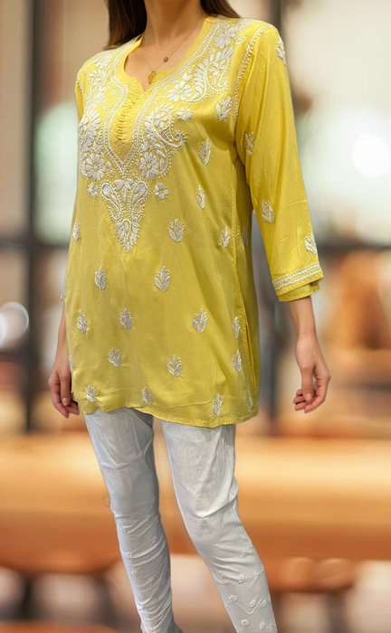 Yellow Chikankari Short Kurti. Flowy Rayon Fabric. | Laces and Frills